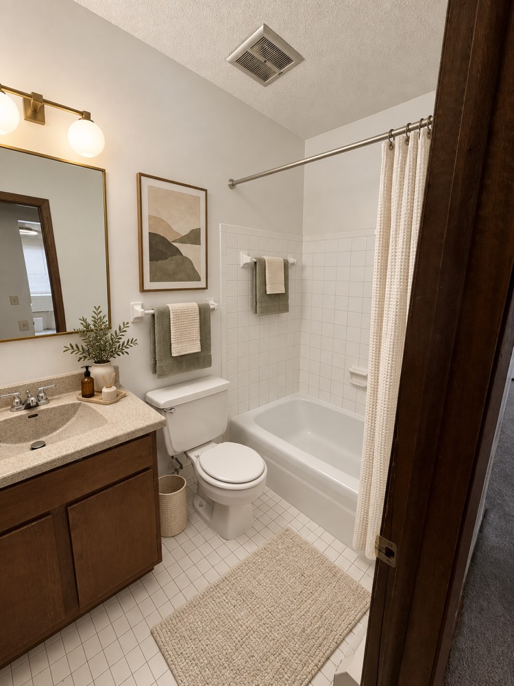 A bathroom with a tub, shower and vanity