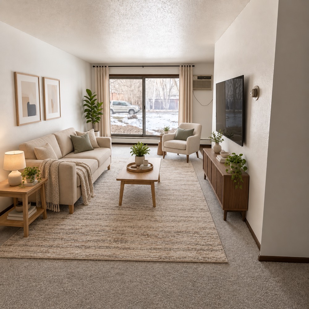 A living room with the patio door and the wall-mounted television